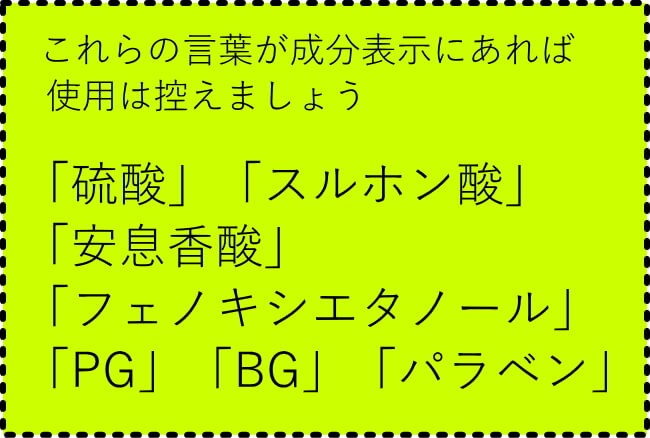 「硫酸」「スルホン酸」 「安息香酸」 「フェノキシエタノール」 「PG」「BG」「パラベン」